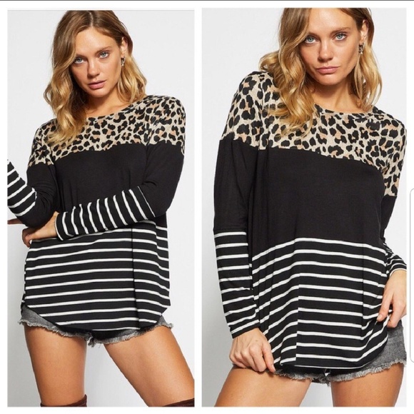 Leopard top with color block Long sleeve - Picture 2 of 6
